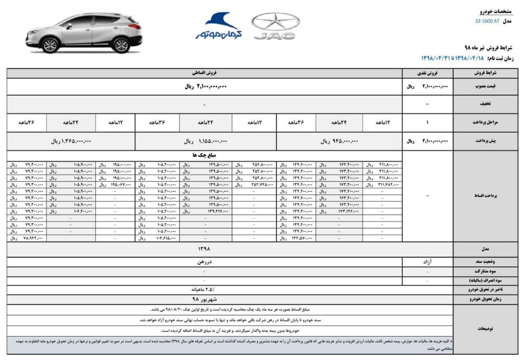 طرح فروش اقساطی خودروی جک S3