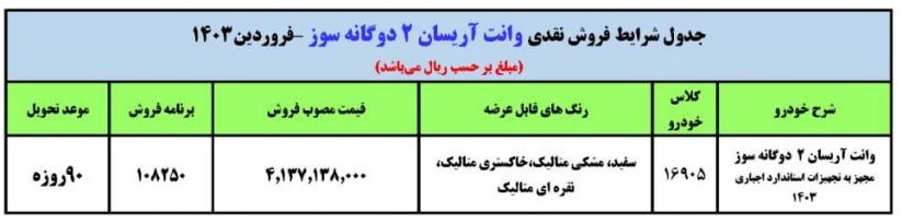 فروش فوری وانت آریسان ویژه عید فطر 1403