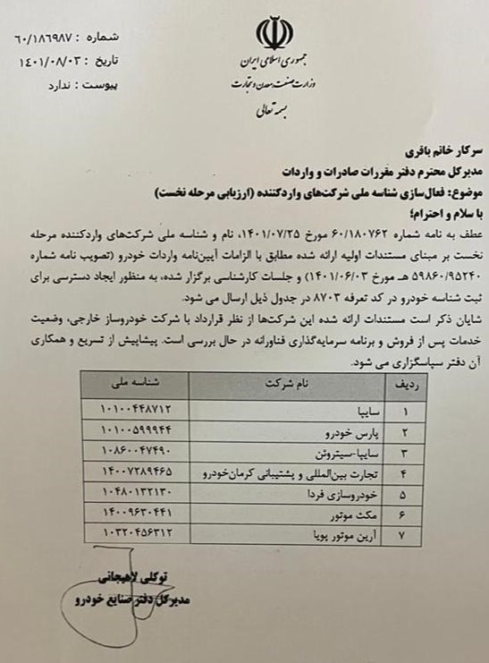 اسامی شرکت های واردکننده خودرو