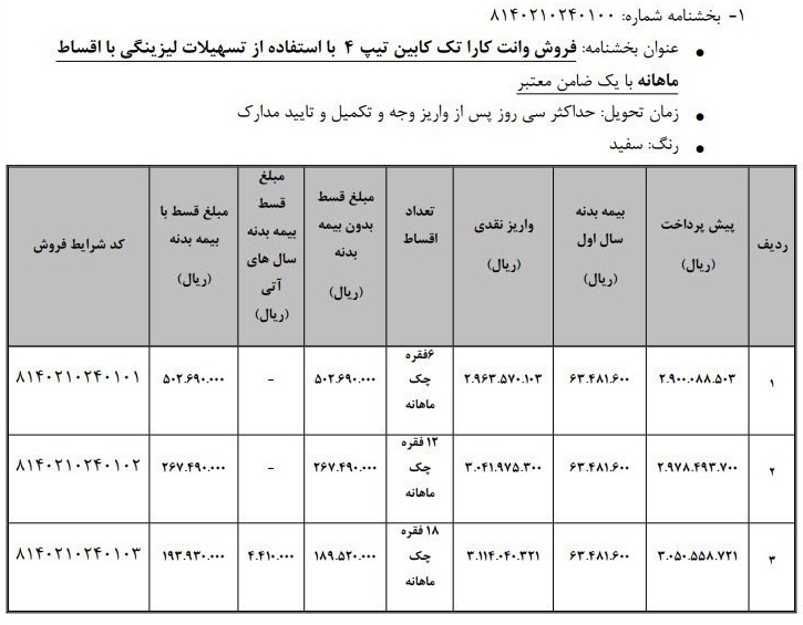 شرایط فروش اقساطی وانت کارا تک کابین