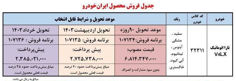 طرح فروش فوق العاده خودرو تارا V4 ایران خودرو