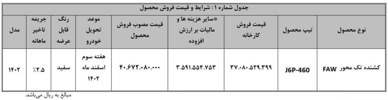 شرایط جدید فروش فاو 460 تک محور (دی 1402)