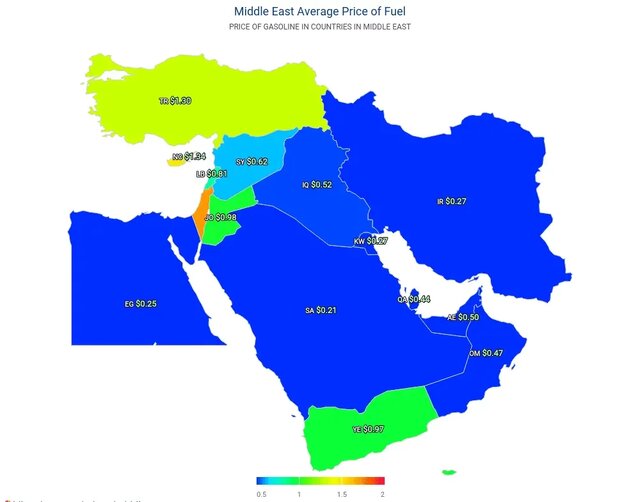 میانگین قیمت بنزین در کشورهای خاورمیانه
