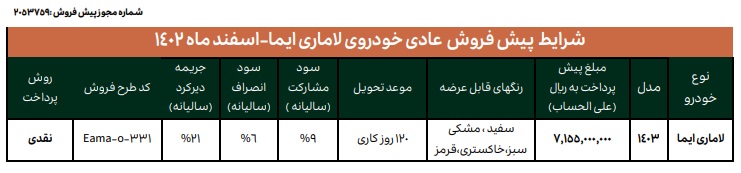 مرحله جدید پیش فروش خودرو لاماری ایما (آذر 1402)