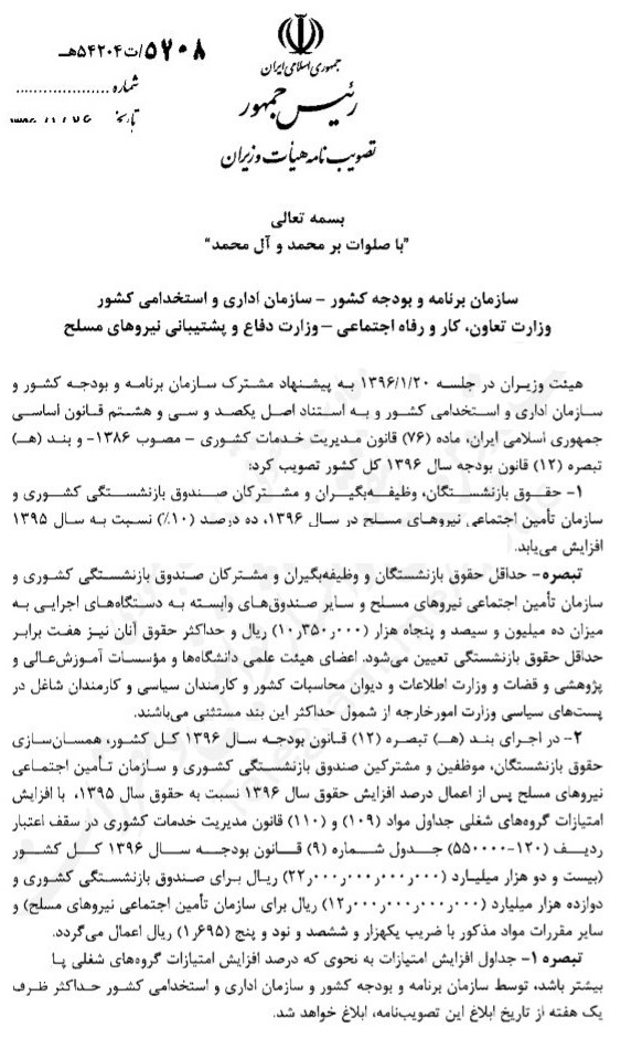 ابلاغ افزایش 10 درصدی حقوق بازنشستگان در سال 96