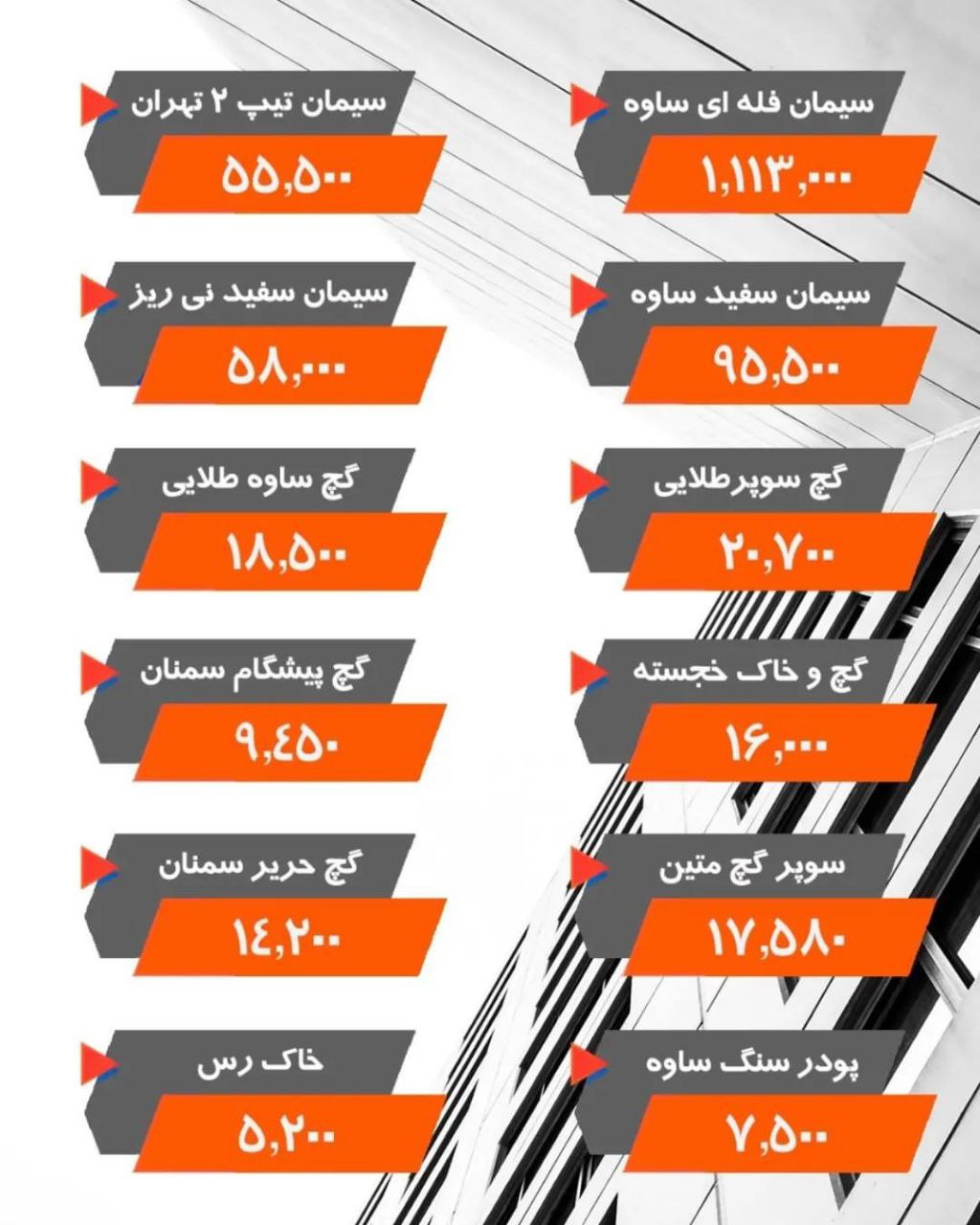 اعلام قیمت جدید مصالح ساختمانی 1401/03/24