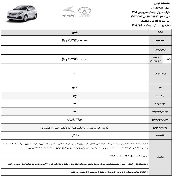 شرایط جدید فروش فوری خودرو جک J4 (بهمن 1402)